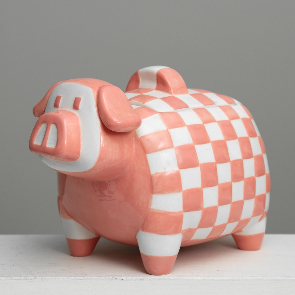 VTG Pink Pig Checkered Cookie Jar Whimsical CottageCore Retro Country Farmhouse